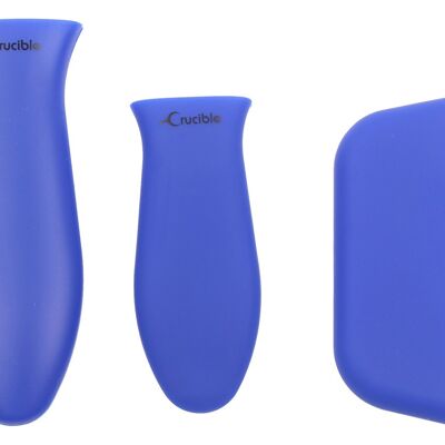 Portapentola in silicone con manico caldo (set misto di 3 blu) per padelle in ghisa