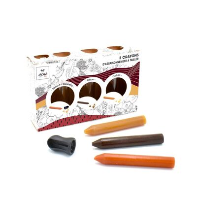 Schachteln mit 3 Bleistiften - Epicurien: Espelette-Pfeffer, Steinpilz, Safran