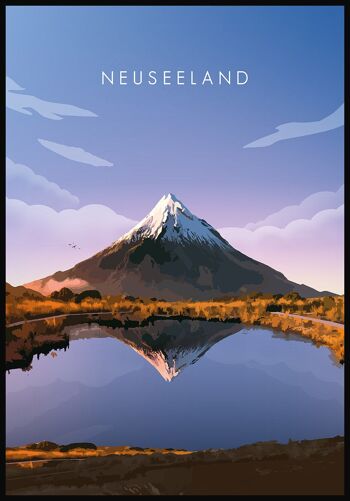 Affiche illustrée Nouvelle-Zélande avec Volcan - 21 x 30 cm 1