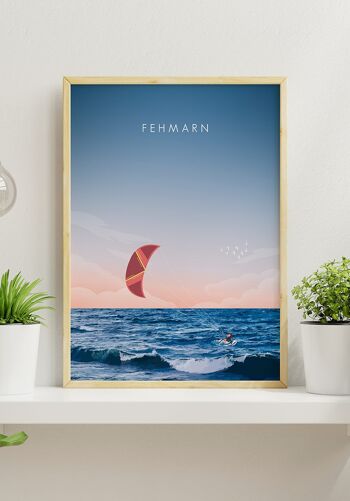 Affiche illustrée Fehmarn avec kitesurfeur - 21 x 30 cm 2