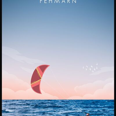 Affiche illustrée Fehmarn avec kitesurfer - 30 x 40 cm