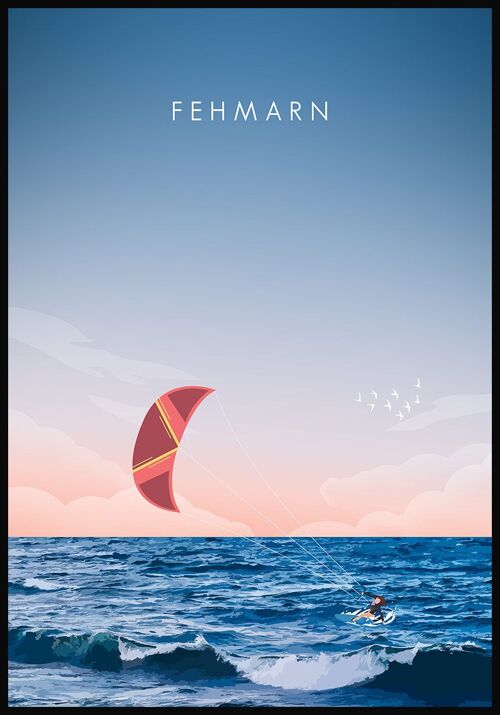 Illustriertes Poster Fehmarn mit Kitesurfer - 50 x 70 cm