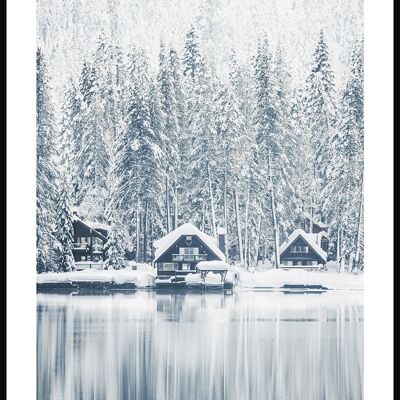 Schneebedecktes Haus am See Poster - 30 x 40 cm