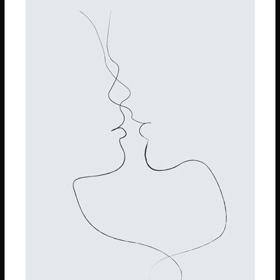 Line Art Poster 'Tender Kiss' - 30 x 40 cm - Grey-Blue