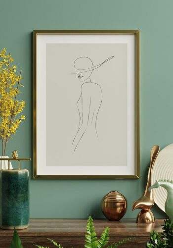 Affiche au trait Femme au chapeau - 30 x 40 cm - Vert olive 2