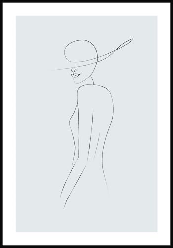 Affiche Dessin au Trait Femme au Chapeau - 30 x 40 cm - Gris Bleu 1