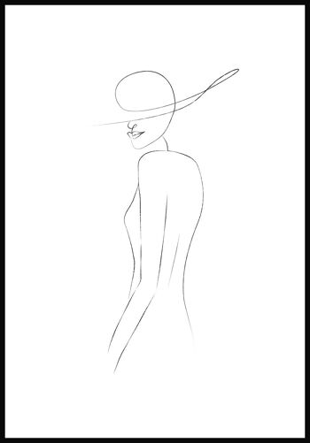 Affiche au trait Femme au chapeau - 30 x 40 cm - Blanc 1