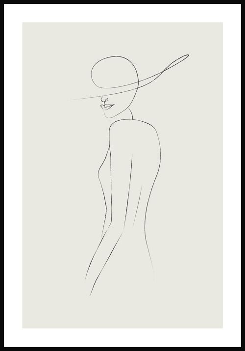 Line Art Poster Frau mit Hut - 40 x 50 cm - Olivgrün