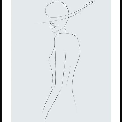 Póster Line Art Mujer con Sombrero - 40 x 50 cm - Gris Azul