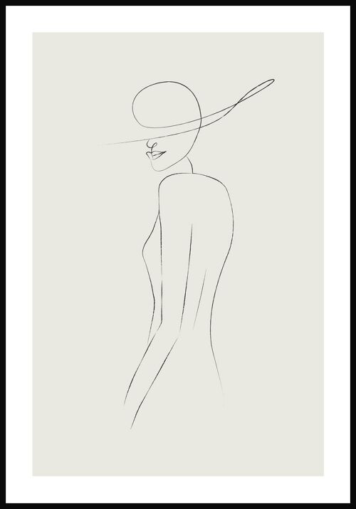 Line Art Poster Frau mit Hut - 50 x 70 cm - Olivgrün