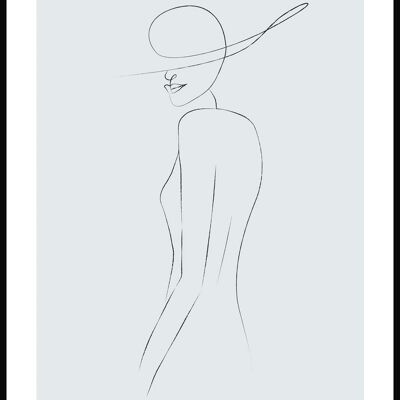 Póster Line Art Mujer con Sombrero - 50 x 70 cm - Gris-Azul