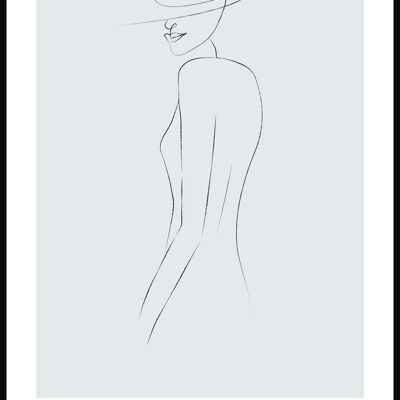 Line Art Poster Frau mit Hut - 70 x 100 cm - Graublau