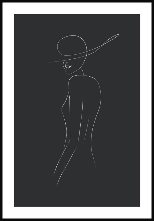 Line Art Poster Frau mit Hut - 70 x 100 cm - Anthrazit
