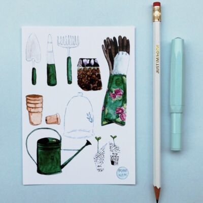 Outils de jardinage carte postale blanc
