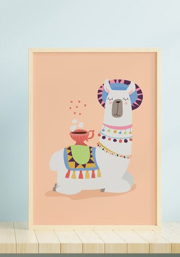 Affiche Illustration Alpaga Café - 30 x 40 cm - Rose 2