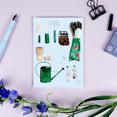 Outils de jardinage carte postale bleu clair