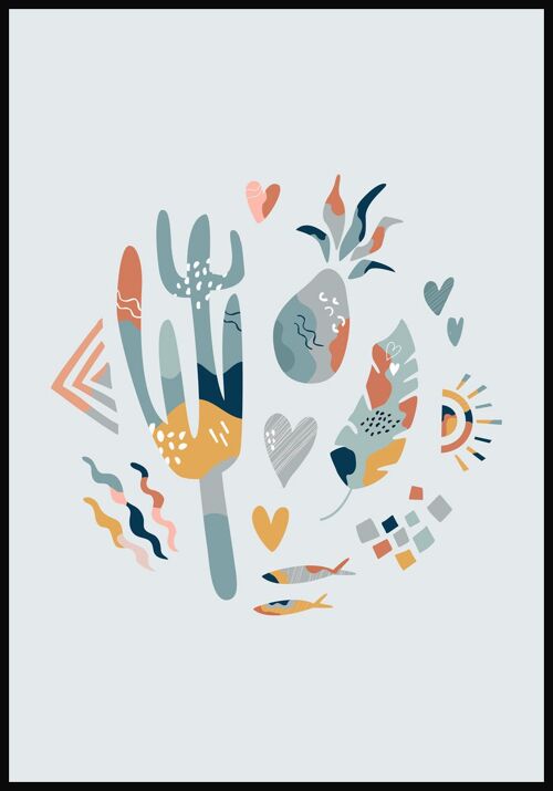 Boho Poster Kaktus Crew - 30 x 40 cm - Graublau