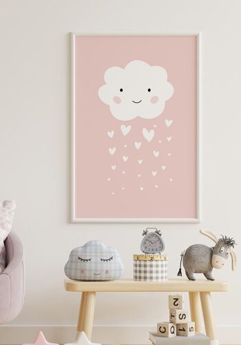 Poster enfant Illustration Nuage avec Coeurs Pluie - 21 x 30 cm - Rose 2