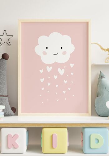 Poster enfant Illustration Nuage avec Coeurs Pluie - 21 x 30 cm - Rose 3