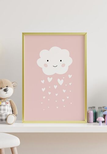 Poster enfant Illustration Nuage avec Coeurs Pluie - 21 x 30 cm - Rose 4