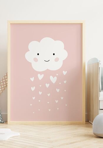 Poster enfant Illustration Nuage avec Coeurs Pluie - 21 x 30 cm - Rose 5