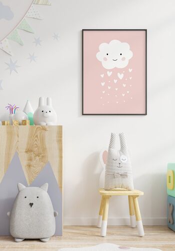 Poster enfant Illustration Nuage avec Coeurs Pluie - 21 x 30 cm - Rose 6