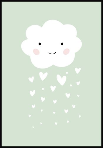 Poster enfant Illustration Nuage avec Coeurs Pluie - 21 x 30 cm - Vert 1