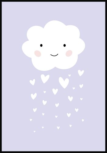 Affiche pour enfants Illustration Nuage avec pluie de coeurs - 21 x 30 cm - Violet 1