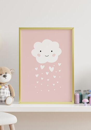 Affiche enfant Illustration Nuage avec Coeurs Pluie - 40 x 50 cm - Rose 4