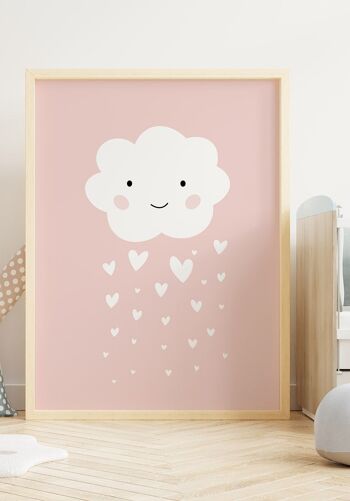 Affiche enfant Illustration Nuage avec Coeurs Pluie - 40 x 50 cm - Rose 5