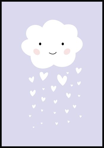 Affiche pour enfants Illustration Nuage avec pluie de coeurs - 50 x 70 cm - Violet 1