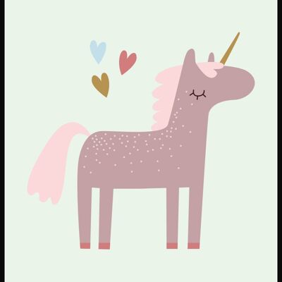 Poster Unicorno con Cuori - 30 x 40 cm - Verde