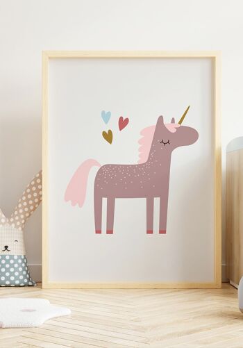 Affiche Licorne avec Cœurs - 70 x 100 cm - Rose 2