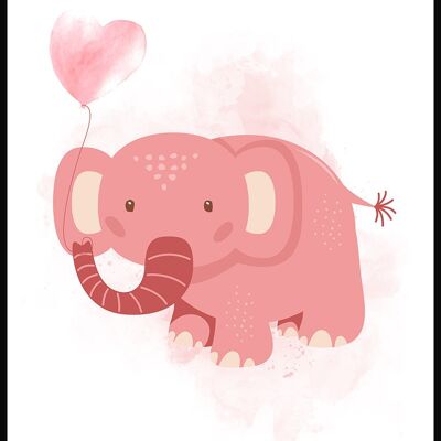 Children's poster illustration of little elephant with heart balloon on pink background - 21 x 30 cm