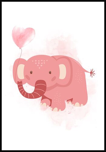 Affiche pour enfant illustration d'un petit éléphant avec un ballon coeur sur fond rose - 21 x 30 cm 1