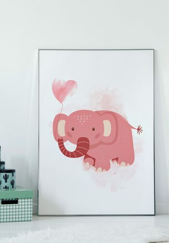 Affiche pour enfant illustration d'un petit éléphant avec un ballon coeur sur fond rose - 21 x 30 cm 3
