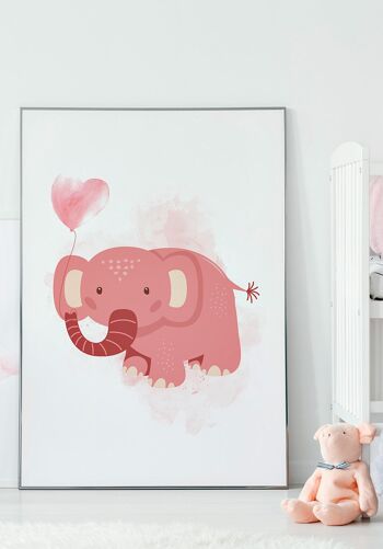 Affiche pour enfant illustration d'un petit éléphant avec un ballon coeur sur fond rose - 21 x 30 cm 4