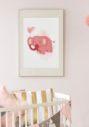 Affiche pour enfant illustration d'un petit éléphant avec un ballon coeur sur fond rose - 21 x 30 cm 5