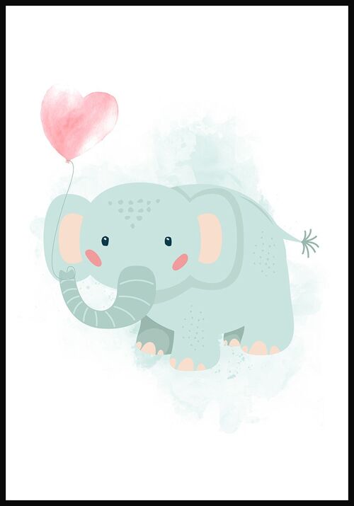 Kinderposter Illustration Elefant mit Herzballon - 21 x 30 cm