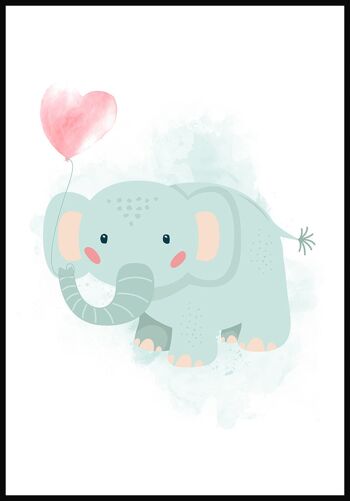 Affiche pour enfants illustration éléphant avec ballon coeur - 21 x 30 cm 1
