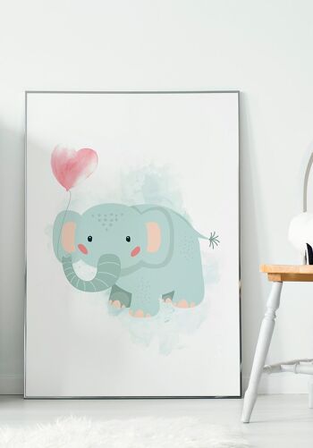 Affiche pour enfants illustration éléphant avec ballon coeur - 21 x 30 cm 2