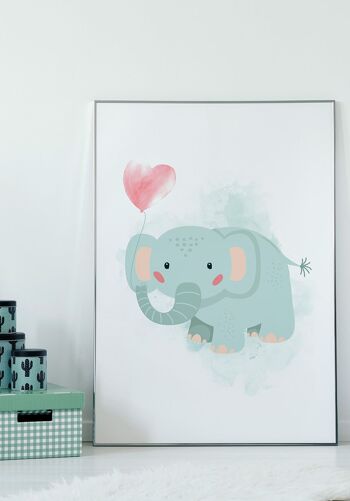 Affiche pour enfants illustration éléphant avec ballon coeur - 21 x 30 cm 3