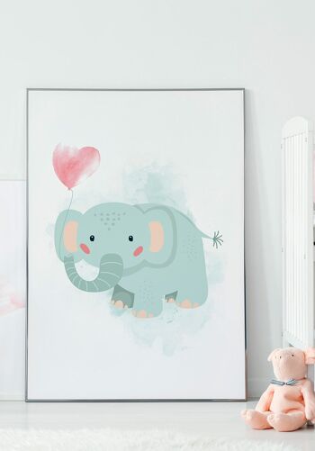 Affiche pour enfants illustration éléphant avec ballon coeur - 21 x 30 cm 4