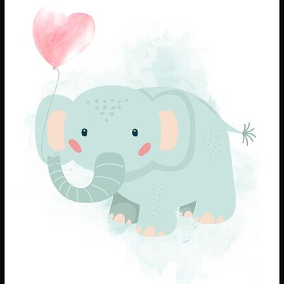 Illustrazione poster per bambini elefante con palloncino cuore - 30 x 40 cm