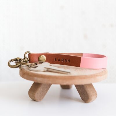 Color Block Leather Keychain Pink Brown