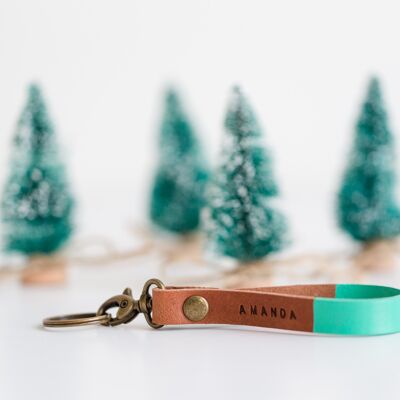 Color Block Leather Keychain Turquoise Brown