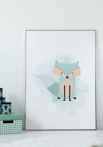 Affiche enfant renard fond turquoise pastel - 30 x 40 cm 2