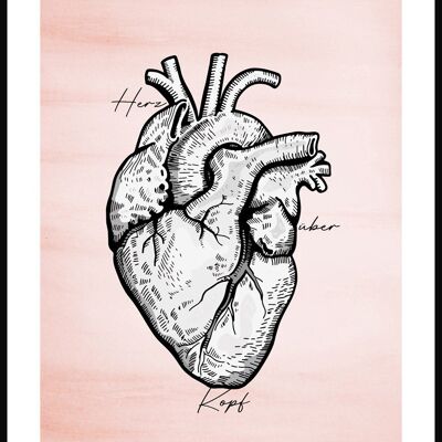 Illustration coeur sur fond rouge pastel - 21 x 30 cm