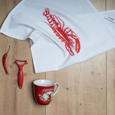 Paño de cocina blanco, langosta en rojo