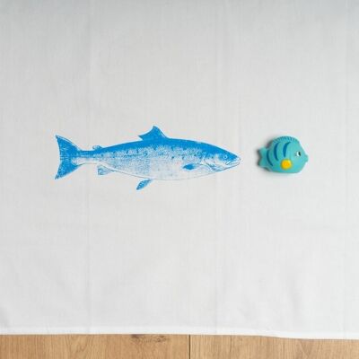 Geschirrtuch weiss, VINTAGE LACHS, neon blau